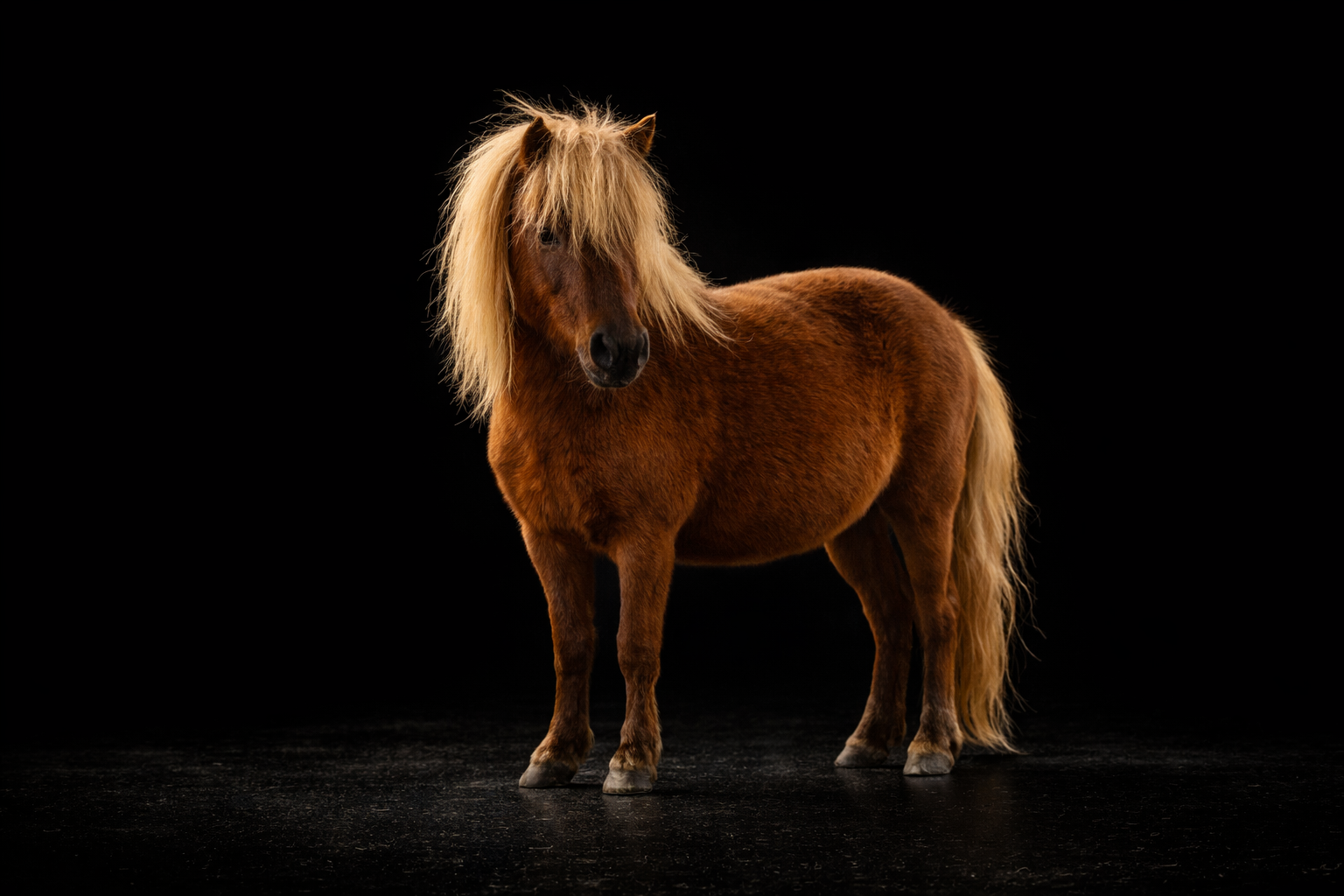 Opale jument AMHA alezan crins lavés portrait fond noir — Arche du Négadis Paulhan